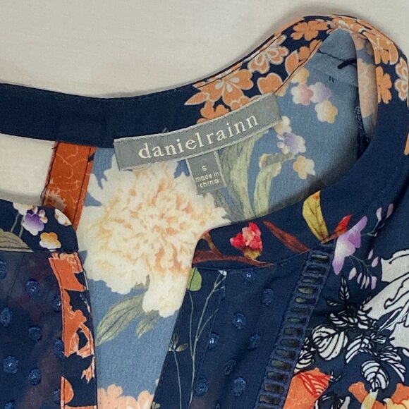 Daniel Rainn V Neck Sheer Keyhole Back Dot & Floral Top Navy Orange S Sleeveless - Picture 12 of 14